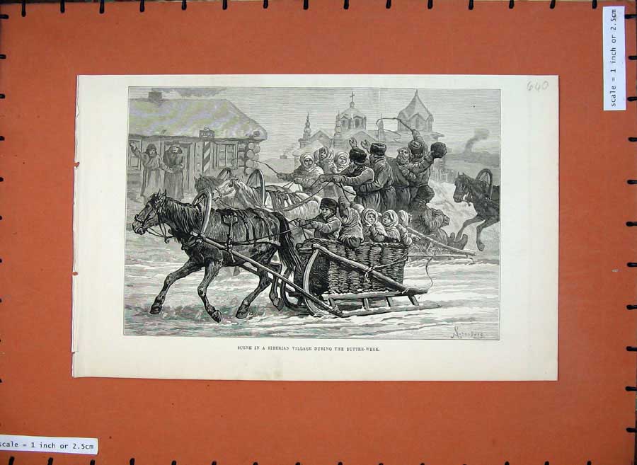 Old Antique Print 1882 Siberian Village Horse Sledge Snow Butter-Week Art 19th