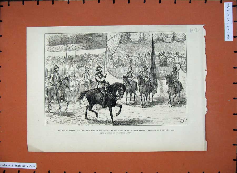 Old Antique Print Cairo 1882 Duke Connaught Guards Saluting British Flag 19th