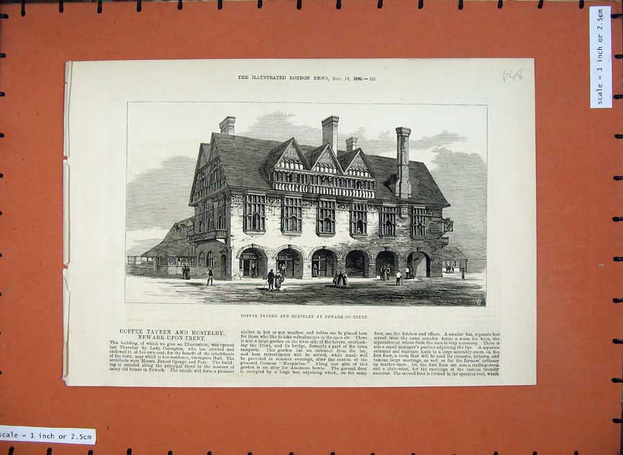 Original Old Antique Print 1882 Coffee Tavern Hostelry Newark-On-Trent Building