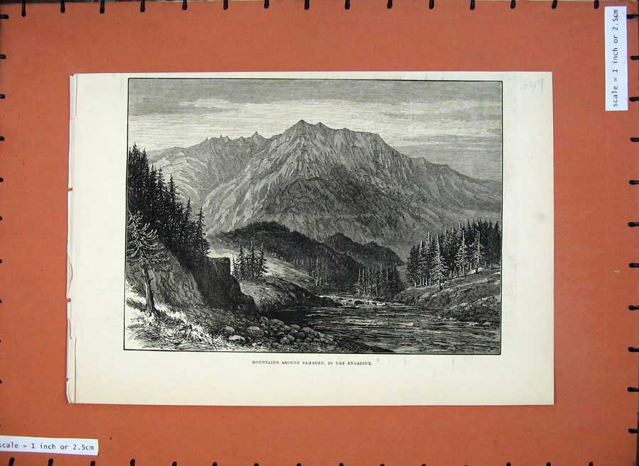 Original Old Antique Print 1882 Fine Art Mountains Samaden Engadine Trees River