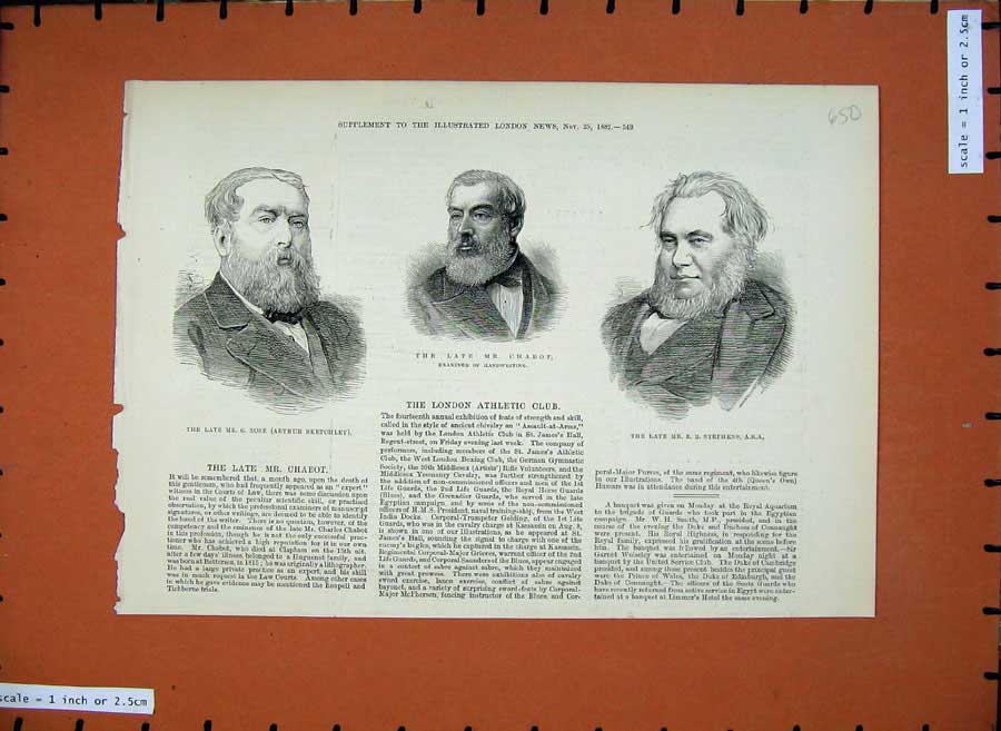 Original Old Antique Print 1882 Portrait Men Chabot Examiner Stephens Rose 19th
