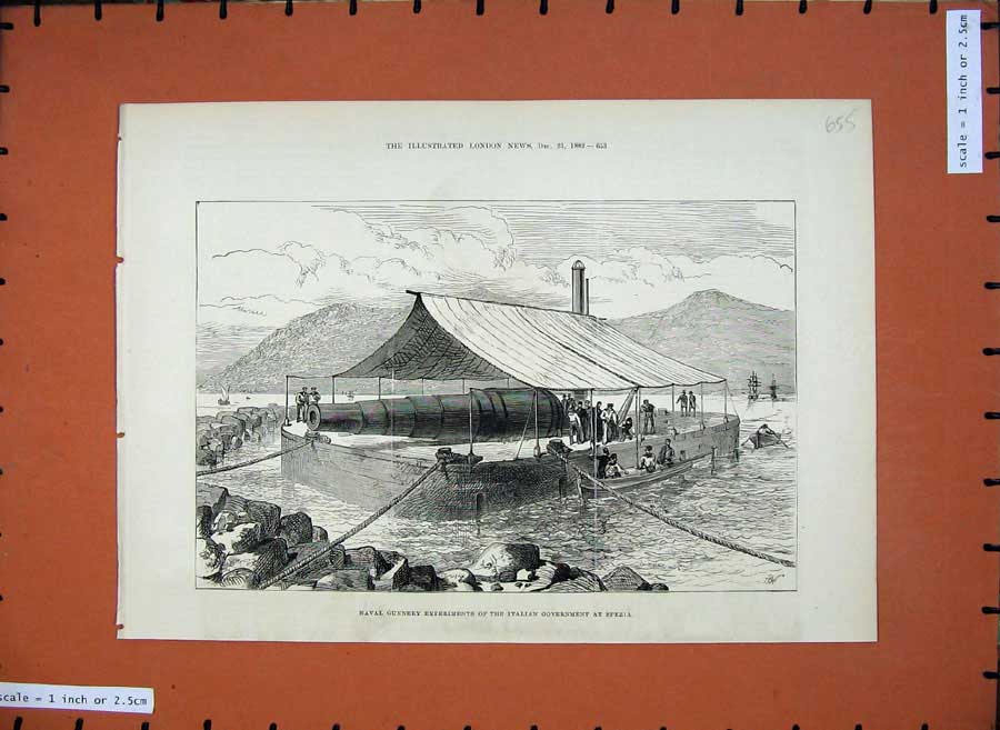 Old Antique Print 1882 Naval Gunnery Italian Government Spezia River Boat 19th