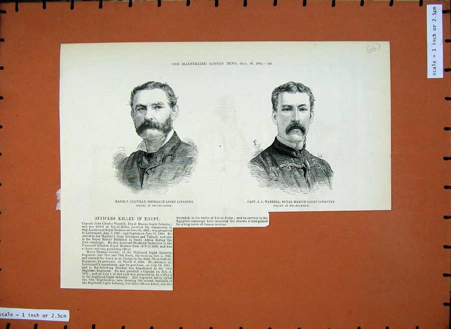 Old Antique Print 1882 Major Colville Captain Wardell Marine Infantry War 19th