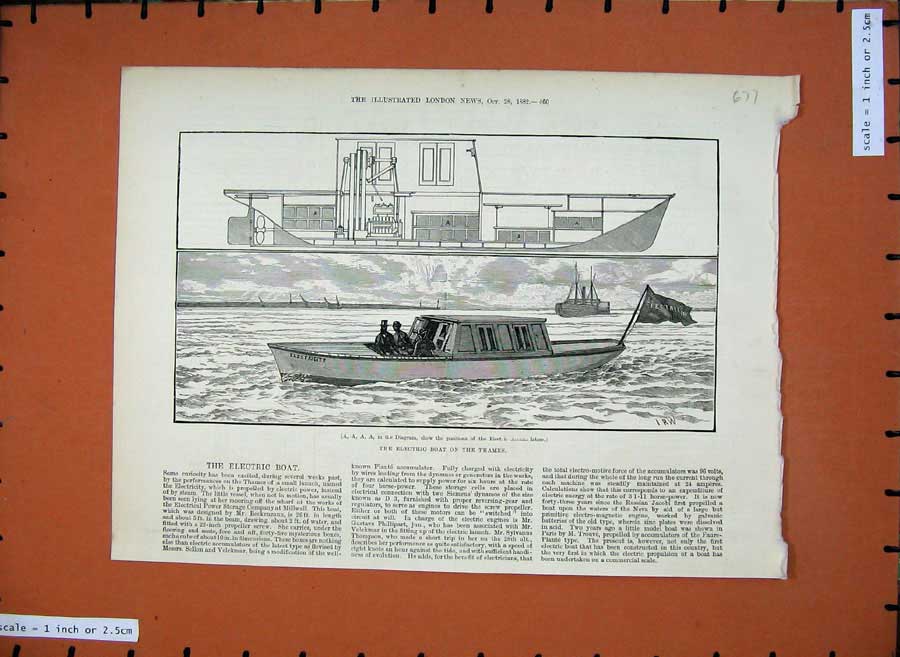 Original Old Antique Print 1882 Electric Boat River Thames London Ship 19th