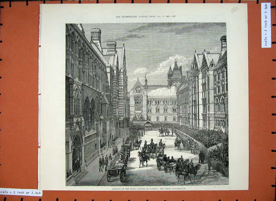 Old Antique Print 1882 Royal Courts Justice Great Quadrangle Horse Coach 19th