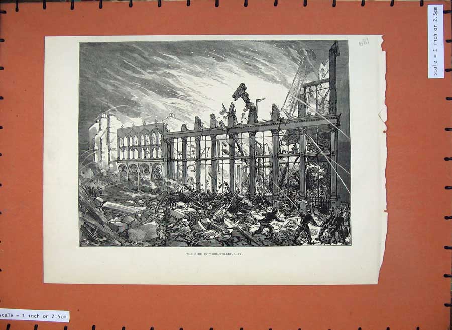 Original Old Antique Print 1882 Fire Wood Street City Buildings Ruins Victorian
