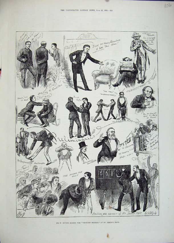 Old Antique Print 1883 Mr Irving Bishop Theatre Thought Reader James Hall 19th