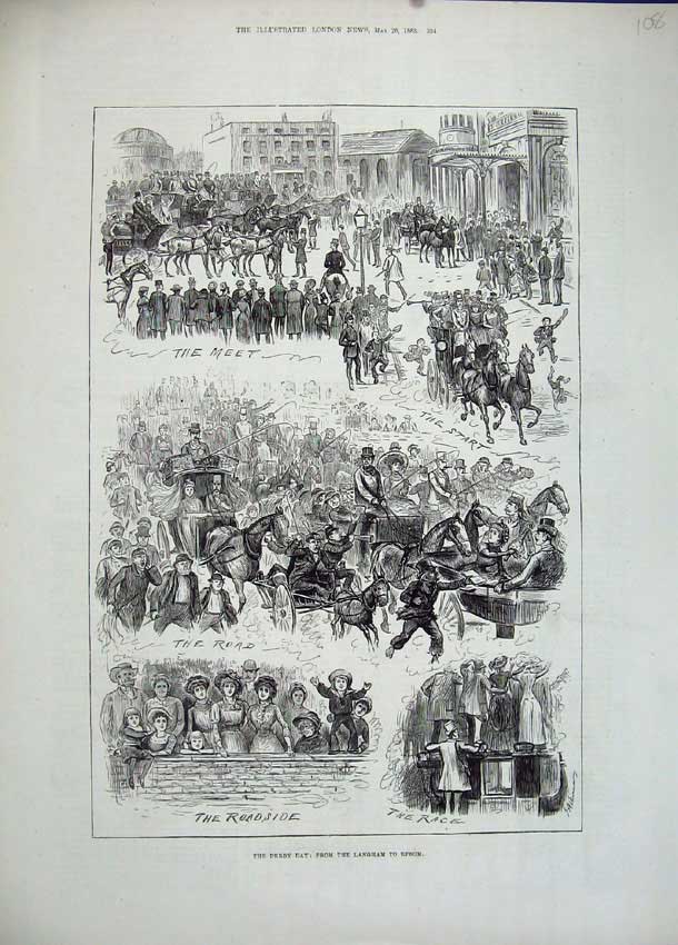 Original Old Antique Print 1883 Derby Horse Racing Sport People Carriage 19th