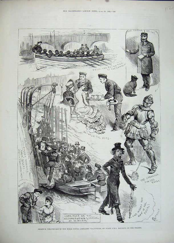 Old Antique Print 1883 Amatuer Theatre Royal Navy Volunteers Ship Rainbow 19th