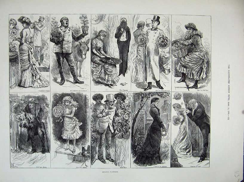 Original Old Antique Print 1883 Romance Spring Flowers Wedding Funeral People