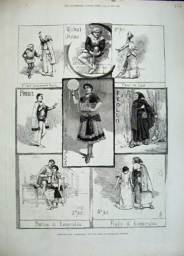 Original Old Antique Print 1883 Esmeralda New Opera Drury Lane Theatre Phoebus
