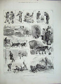 Old Antique Print 1883 Winter Frost Horse Cart Oxford Street Busses Snow 19th