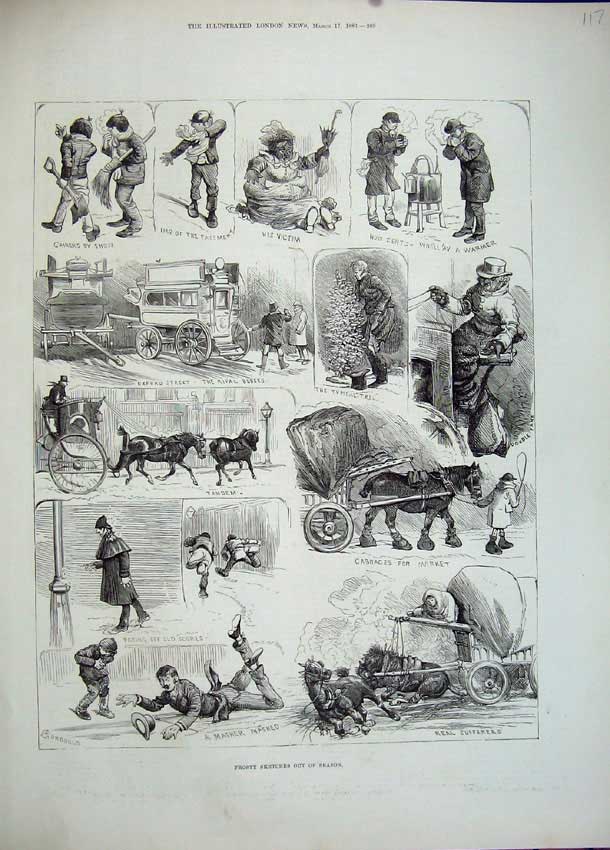 Old Antique Print 1883 Winter Frost Horse Cart Oxford Street Busses Snow 19th