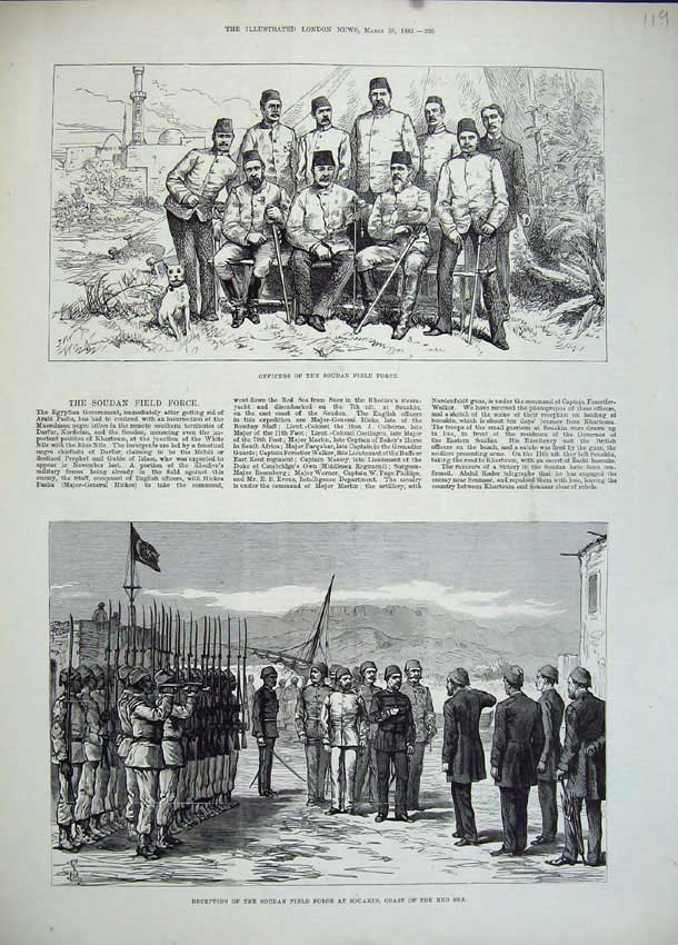 Original Old Antique Print 1883 Officers Soudan Field Force Souakin Red Sea War