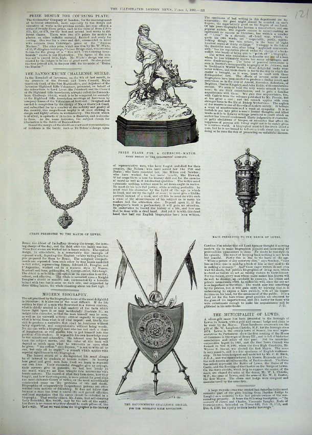 Old Antique Print 1883 Chain Mayor Leeds Lewes Bannockburn Shield Rifle 19th