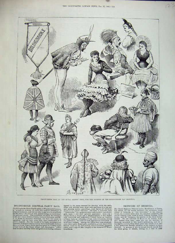 Old Antique Print 1883 Fancy Dress Ball Royal Albert Bolingbroke Hospital 19th