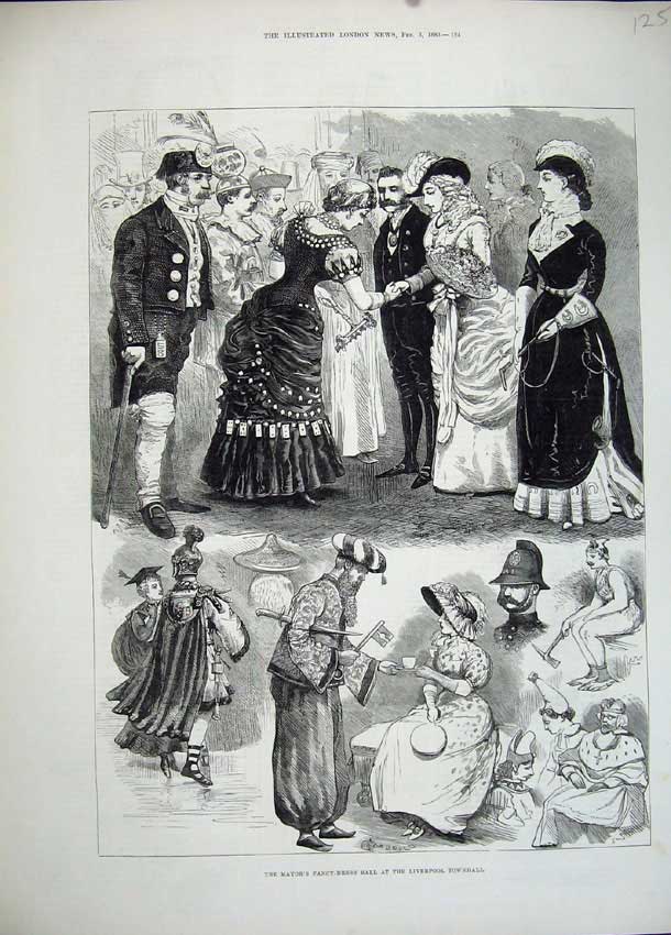 Old Antique Print 1883 Mayors Fancy Dress Ball Liverpool Townhall Costume 19th