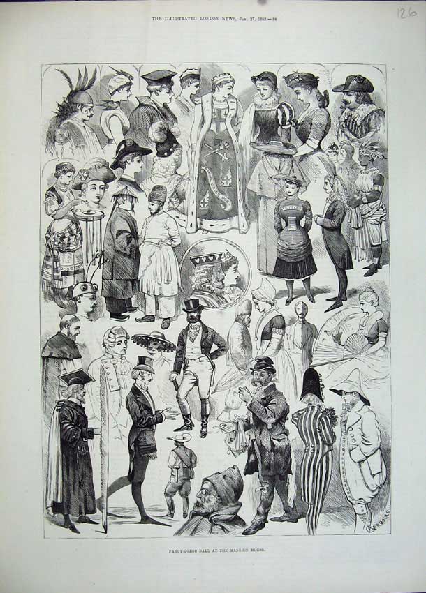 Original Old Antique Print 1883 Fancy Dress Ball Mansion House Costumes 19th