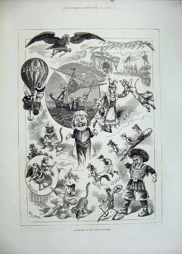 Original Old Antique Print 1883 Pantomimes London Theatre Surrey Drury Imperial