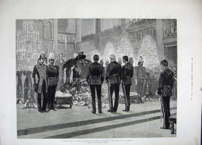 Original Old Antique Print 1883 Funeral Prince Charles Prussia Domkirche Berlin