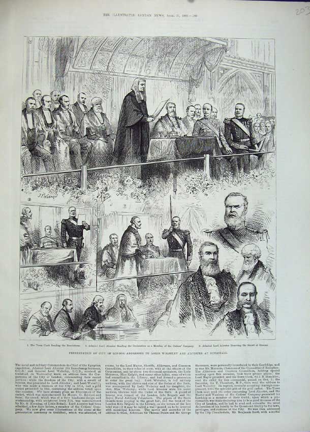 Old Antique Print 1883 Lord Wolseley Alcester Guildhall London Men Clerk 19th