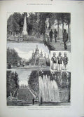 Original Old Antique Print 1883 Emperor Russia Palace Peterhfountain Church Men