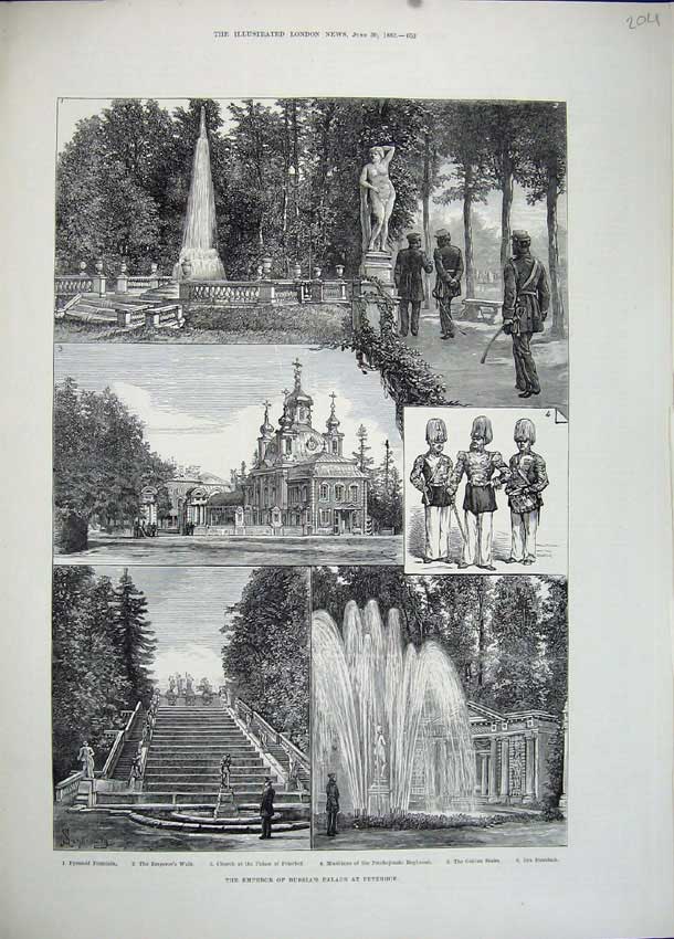 Original Old Antique Print 1883 Emperor Russia Palace Peterhfountain Church Men