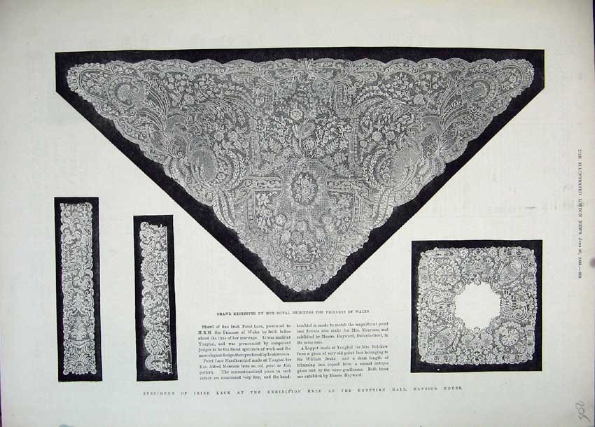 Old Antique Print 1883 Irish Lace Shawl Princess Wales Egyptian Mansion 19th