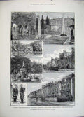 Original Old Antique Print 1883 Emperor Russia Palace Peterhmarly Fountain Art