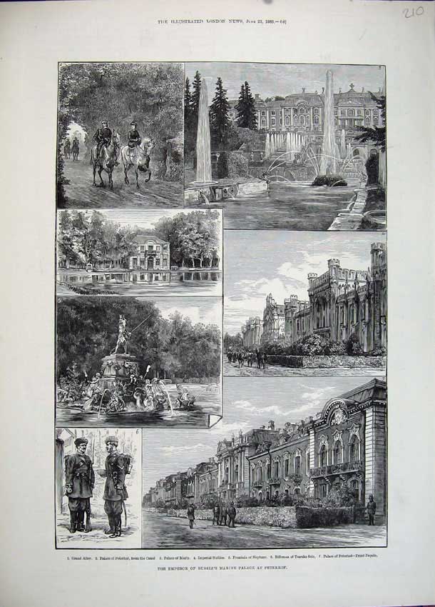 Original Old Antique Print 1883 Emperor Russia Palace Peterhmarly Fountain Art