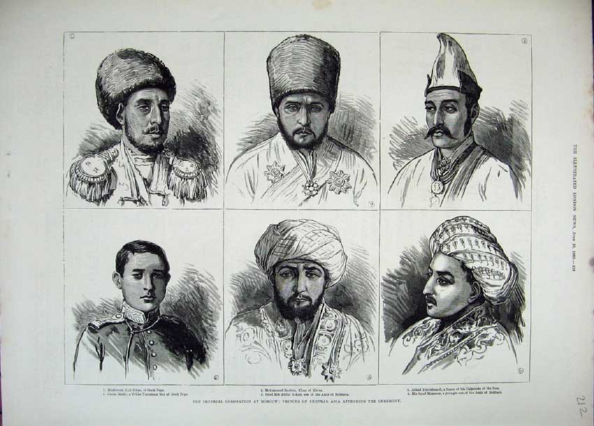 Original Old Antique Print 1883 Moscow Coronation Princes Asia Khan Khiva Arkad