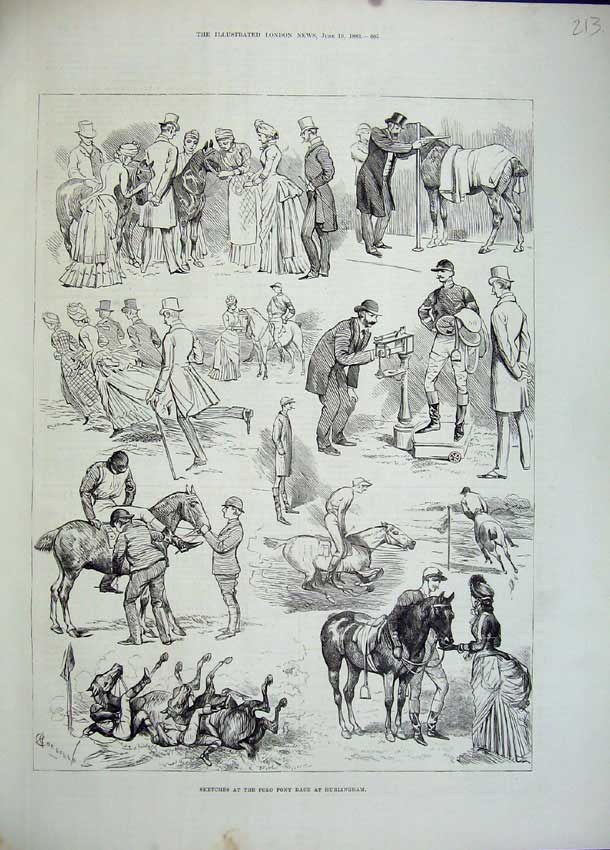 Original Old Antique Print 1883 Polo Pony Race Hurlingham Sport Horses Men 19th
