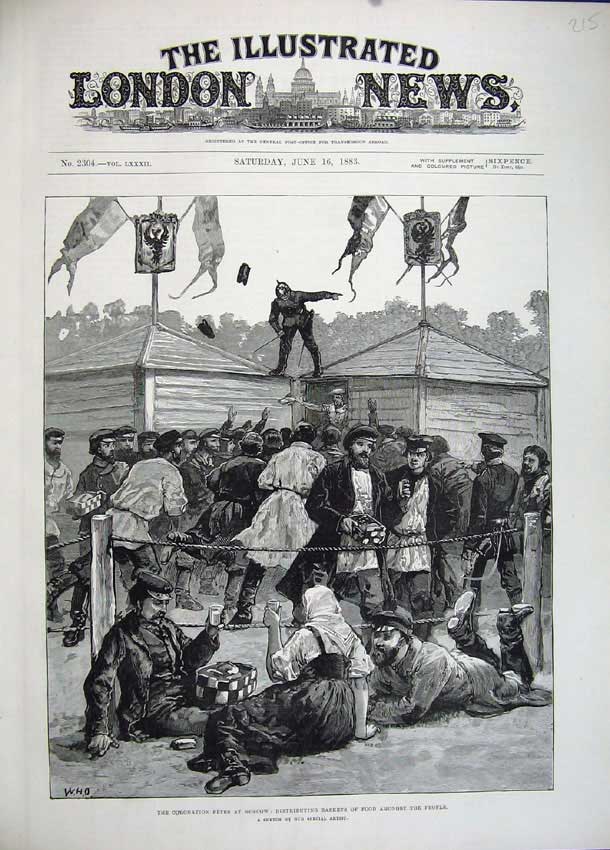 Original Old Antique Print 1883 Coronation Fetes Moscow Baskets Food People Art