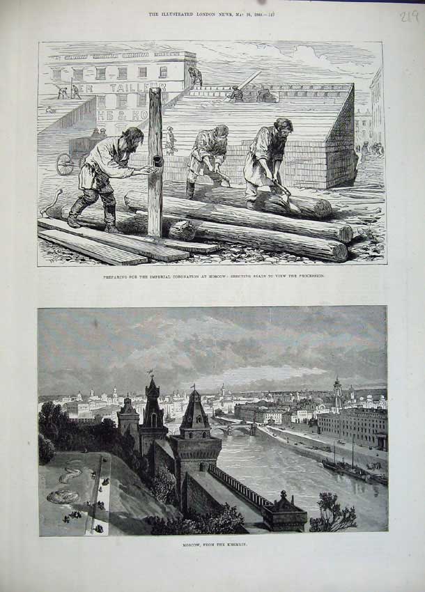 Old Antique Print 1883 View Moscow Kremlin Imperial Coronation Men Work 19th