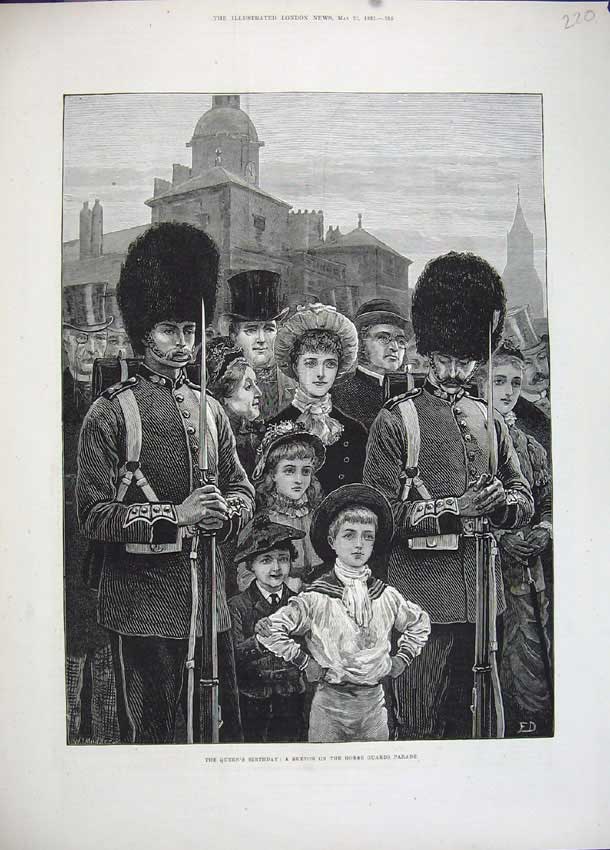 Original Old Antique Print 1883 Queens Birthday Horse Guards Parade Siers Art