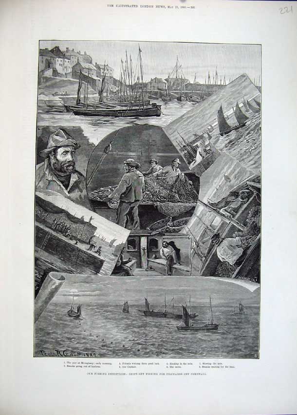 Original Old Antique Print 1883 Fishing Industries Drift Net Pilchards Cornwall