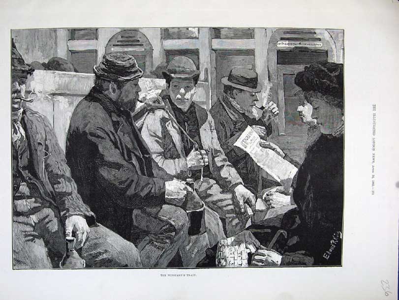 Original Old Antique Print Workmens Train 1883 Men Women Transport Fine Art