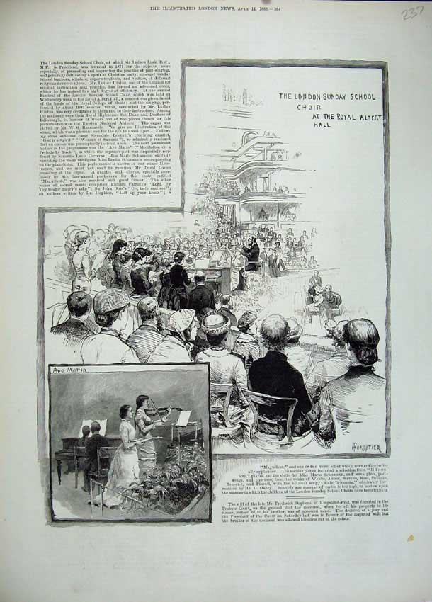 Old Antique Print 1883 London Sunday School Choir Royal Albert Hall Music 19th