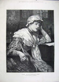Original Old Antique Print 1883 Portrait Beautiful Woman Thoughful Art 19th