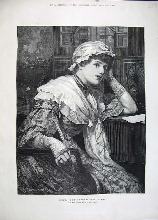 Original Old Antique Print 1883 Portrait Beautiful Woman Thoughful Art 19th