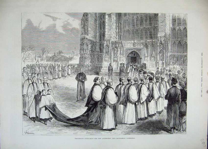 Old Antique Print 1883 Procession Archbishop Canterbury Cathedral Weedon 19th