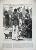 Original Old Antique Print 1883 Fine Art Athletics Men Women Dog River Boat