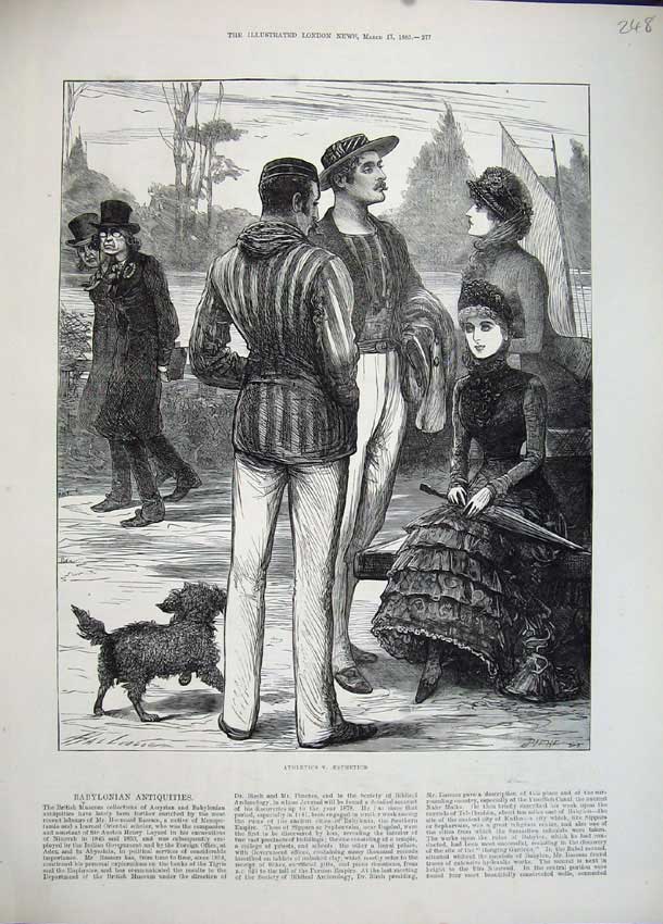 Original Old Antique Print 1883 Fine Art Athletics Men Women Dog River Boat