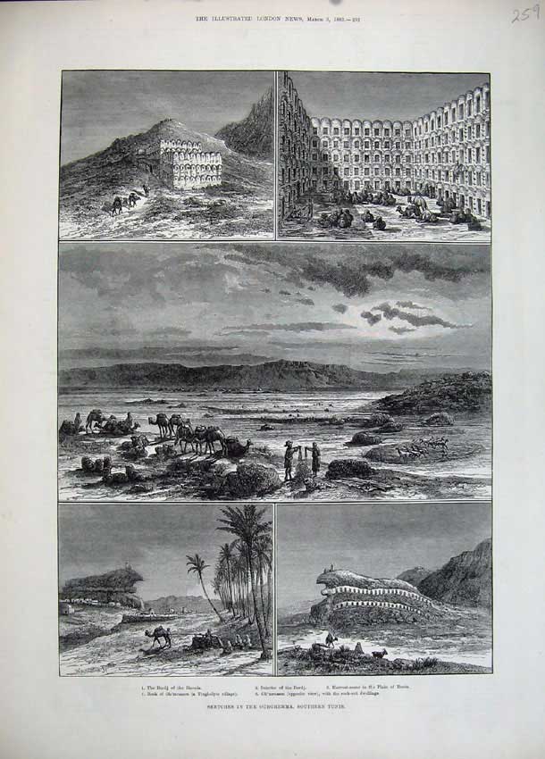 Original Old Antique Print 1883 Ourghemma Tunis Bordj Haouia Camels Plain Benia