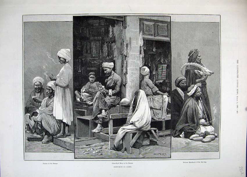 Original Old Antique Print 1883 Cairo Egypt Porters Bazaar Bedouin Montbard
