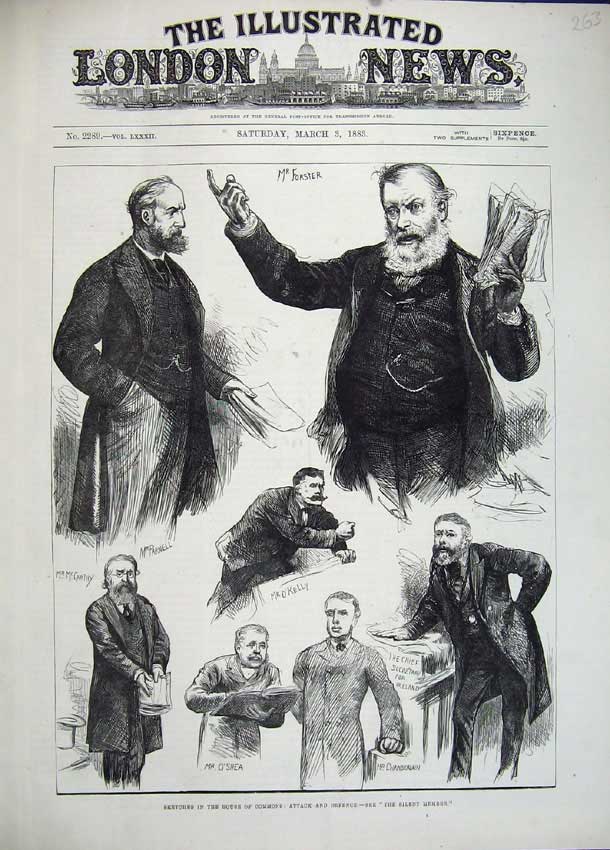 Old Antique Print 1883 House Commons Forster O'Shea Chamberlain Kelly Men 19th