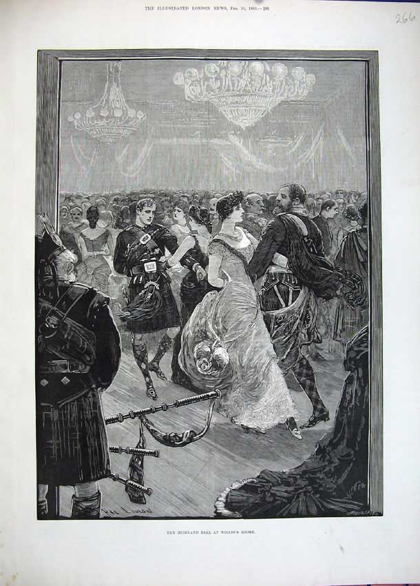 Old Antique Print 1883 Fine Art Highland Ball Willis Rooms Scotland Kilts 19th