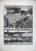 Old Antique Print 1883 Floods Salisbury Railway Bridge Houses Trees Art 19th
