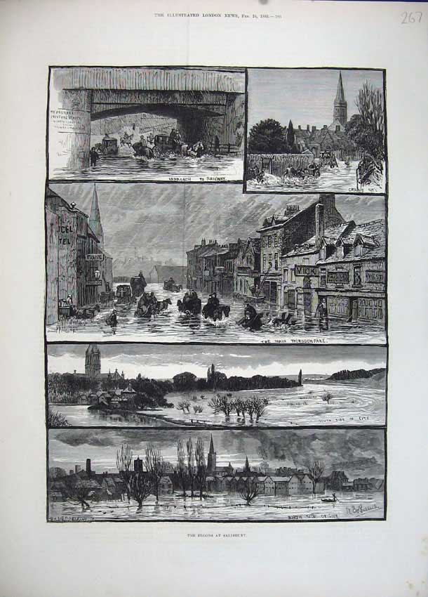 Old Antique Print 1883 Floods Salisbury Railway Bridge Houses Trees Art 19th