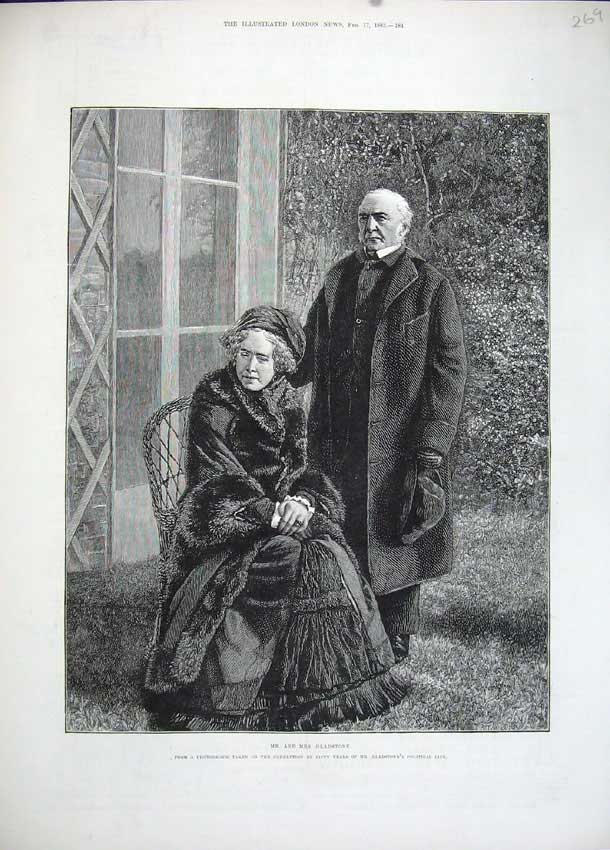Original Old Antique Print 1883 Portrait Mr Mrs Gladstone Fine Art Victorian